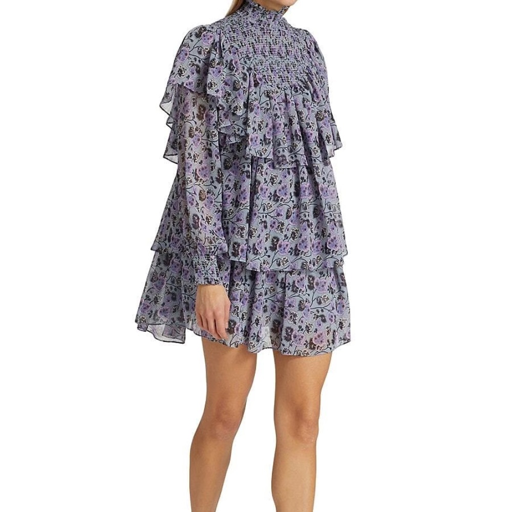 Cinq a Sept Blue Purple Floral Smocked Long Sleeve Mini Dress 4